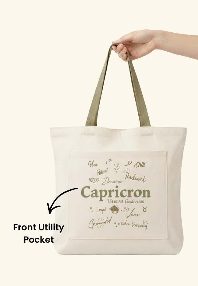 Green Vanna – The Celestial Self Tote Capricorn | Khaki Zodiac Astrology Tote | 300 GSM Canvas | Dual Pocket Bag