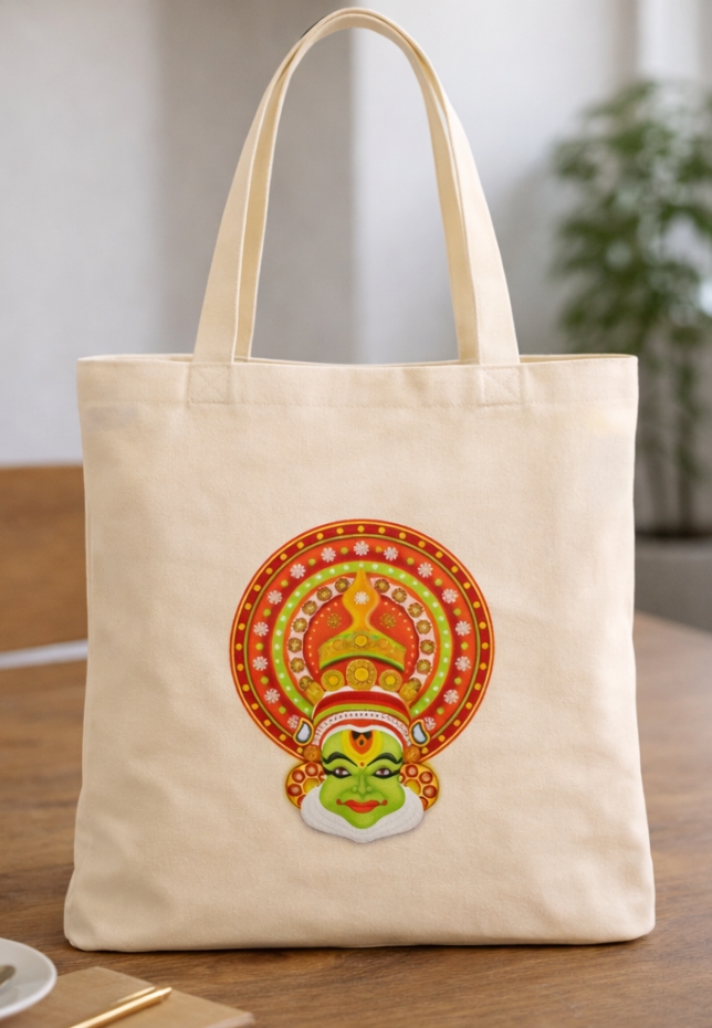 Green Vanaa Kathakali Heritage Tote Bag | 300 GSM Cotton Canvas | 16 × 14 × 4.5 in Gusseted Cultural Print Tote | Reusable Shopping, Office & College Bag | Sustainable Indian Art Tote