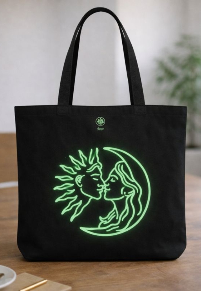 Green Vanaa Afterlight Luna Tote Bag for Women | Glow in the Dark Cotton Canvas Tote | 300 GSM Reusable Shopping, Office & Travel Bag | 14 × 16 × 3 Inch