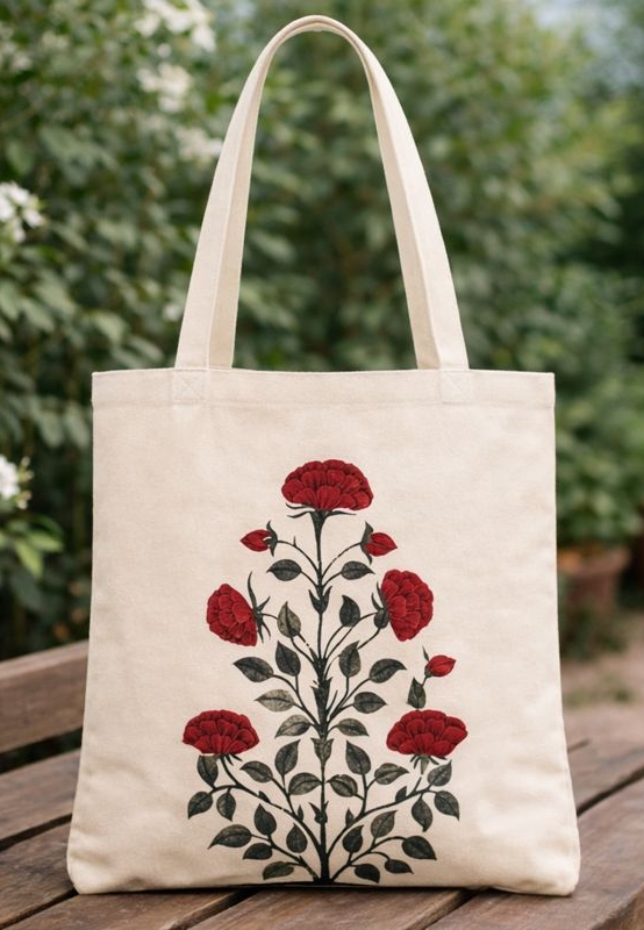 Green Vanaa Indigo Garden Tote Bag | 300 GSM Cotton Canvas | Floral DTF Print | 16 × 14 × 4.5 in Sustainable Everyday Tote | Reusable Office, College & Shopping Bag