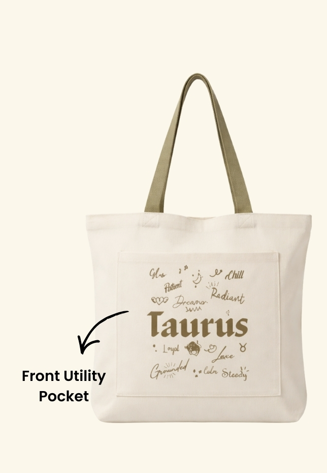 Green Vanna – The Celestial Self Tote Taurus | Khaki Zodiac Canvas Bag | 300 GSM Cotton | Dual Pocket Astrology Tote
