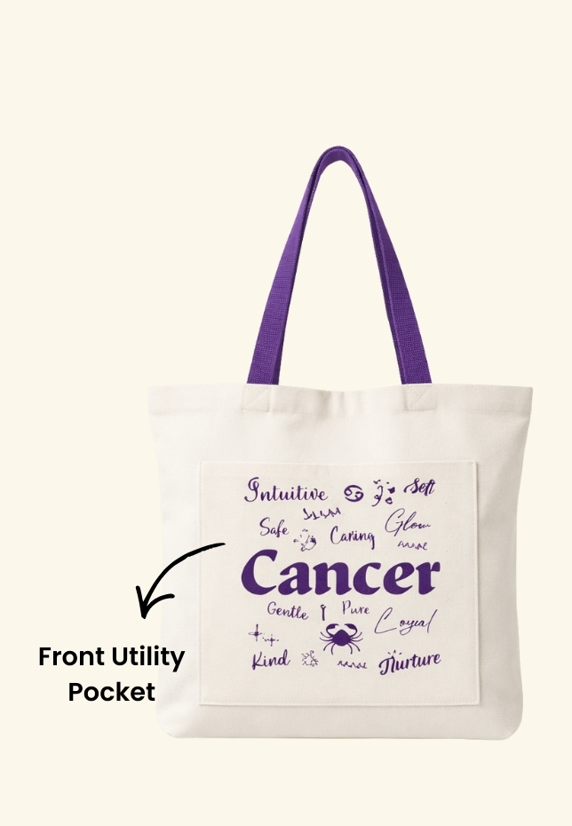 Green Vanna – The Celestial Self Tote Cancer | Violet Zodiac Canvas Bag | 300 GSM Cotton | Dual Pocket Astrology Tote